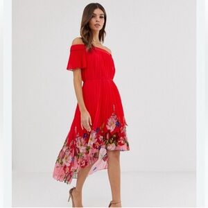 Ted Baker Berry Sundae Bardot High Low pleated dress